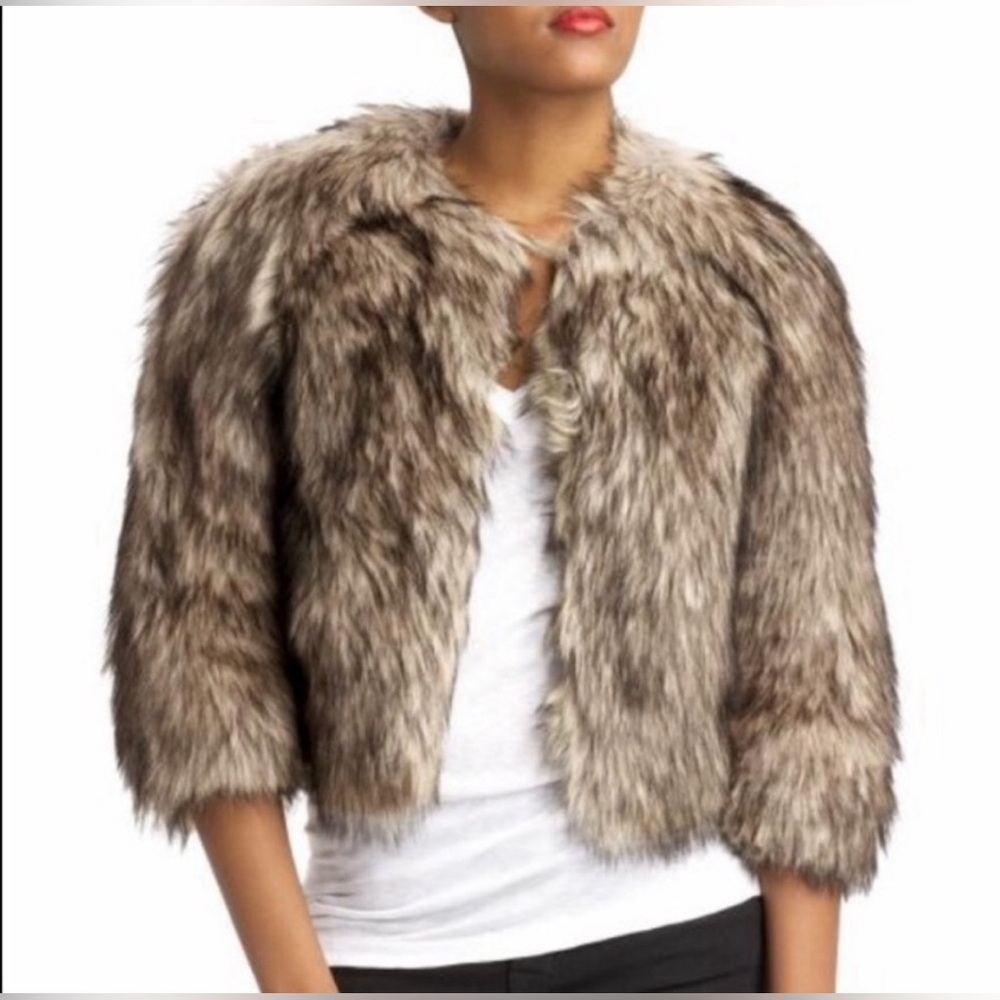 Michael Michael Kors Cropped Faux Fur Jacket with 3/4 Sleeves, Size M